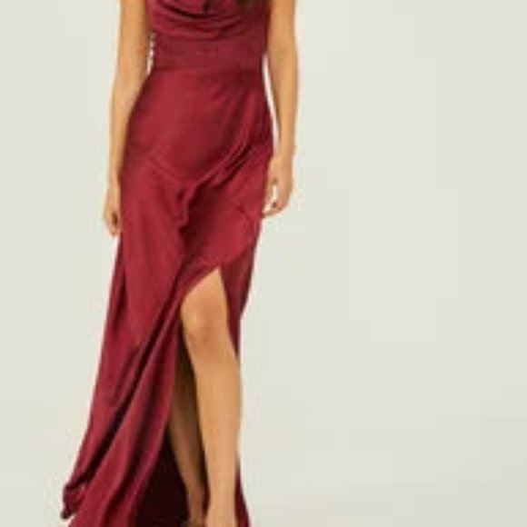 Altar'd State Lacyn Satin Cowl Neck Maxi Dress Burgundy Red Dress Wedding Guest - Picture 6 of 6